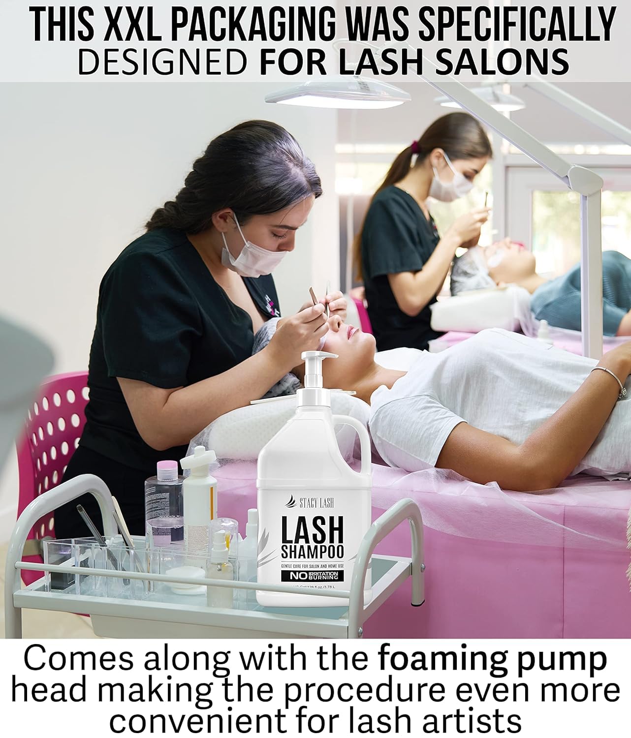 STACY LASH Eyelash Extension Shampoo 1US Gal / 128 fl.oz. / 3.78L / Eyelid Foaming Cleanser/Safe Wash for Extensions & Natural Lashes/Supplies for Professional & Home Use / 50 Aftercare Cards