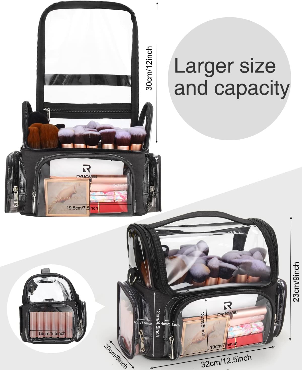 Makeup Brush Travel Case Clear Waterproof Organizer Bag with Adjustable Dividers Large Capacity Cosmetic Storage
