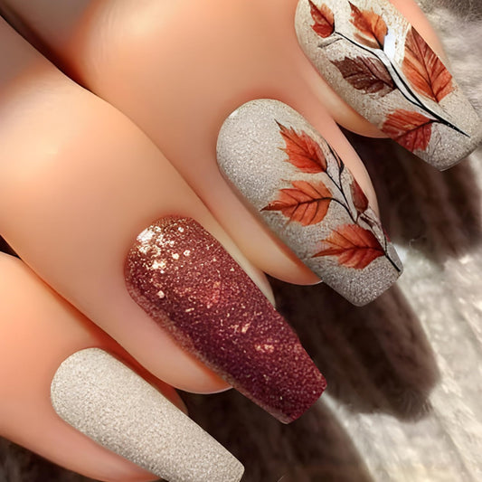 Glitter Thanksgiving Press on Nails Fall Maple Leaf Fake Nails Autumn Long Coffin Nail Glossy Maple Leaves Acrylic Glue on Nail for Women DIY Manicure