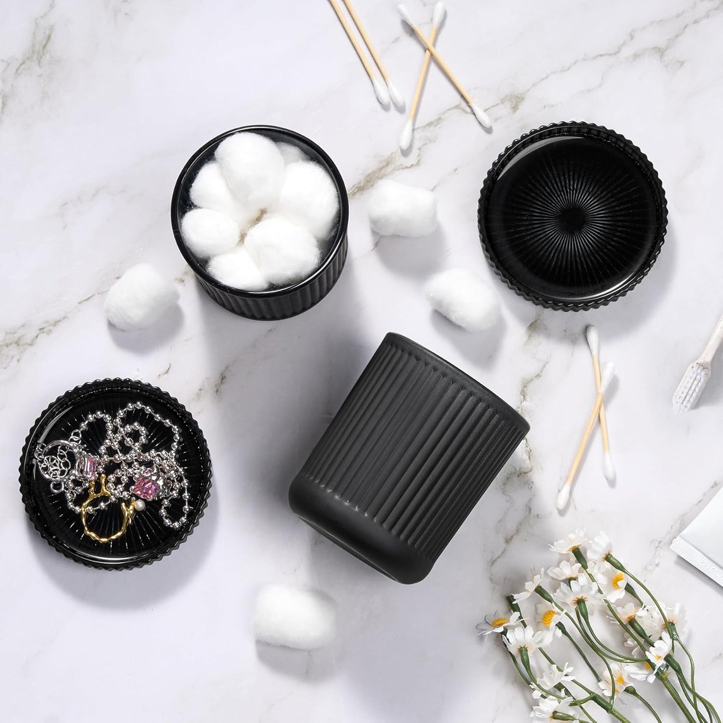 Glass Bathroom Organizer Set for Men, 2 Pack Bathroom Accessories, Bathroom Decor for Cotton Swabs, Cotton Balls, Pads, Floss Picks – Husband Birthday Gift Ideas, Gifts for Men(Black)