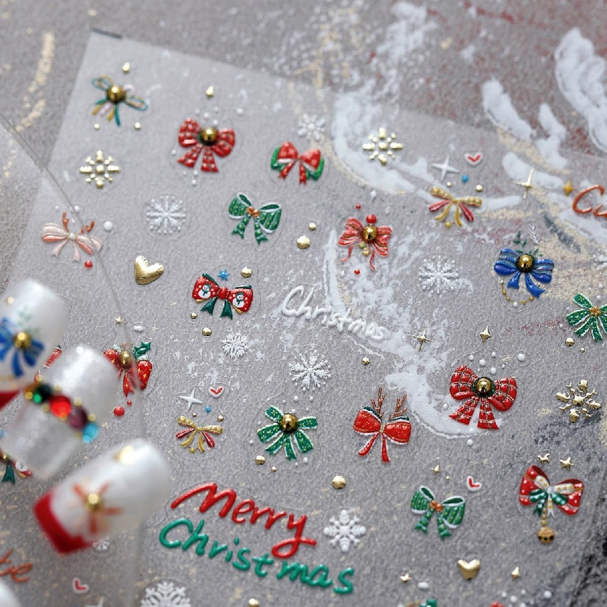 5D Embossed Christmas Nail Stickers Bow Nail Art Decals Self-Adhesive Snowflake Nail Art Sticker Cute Xmas Nail Decals for Women Girls Winter Holiday Manicure DIY Nail Supplies