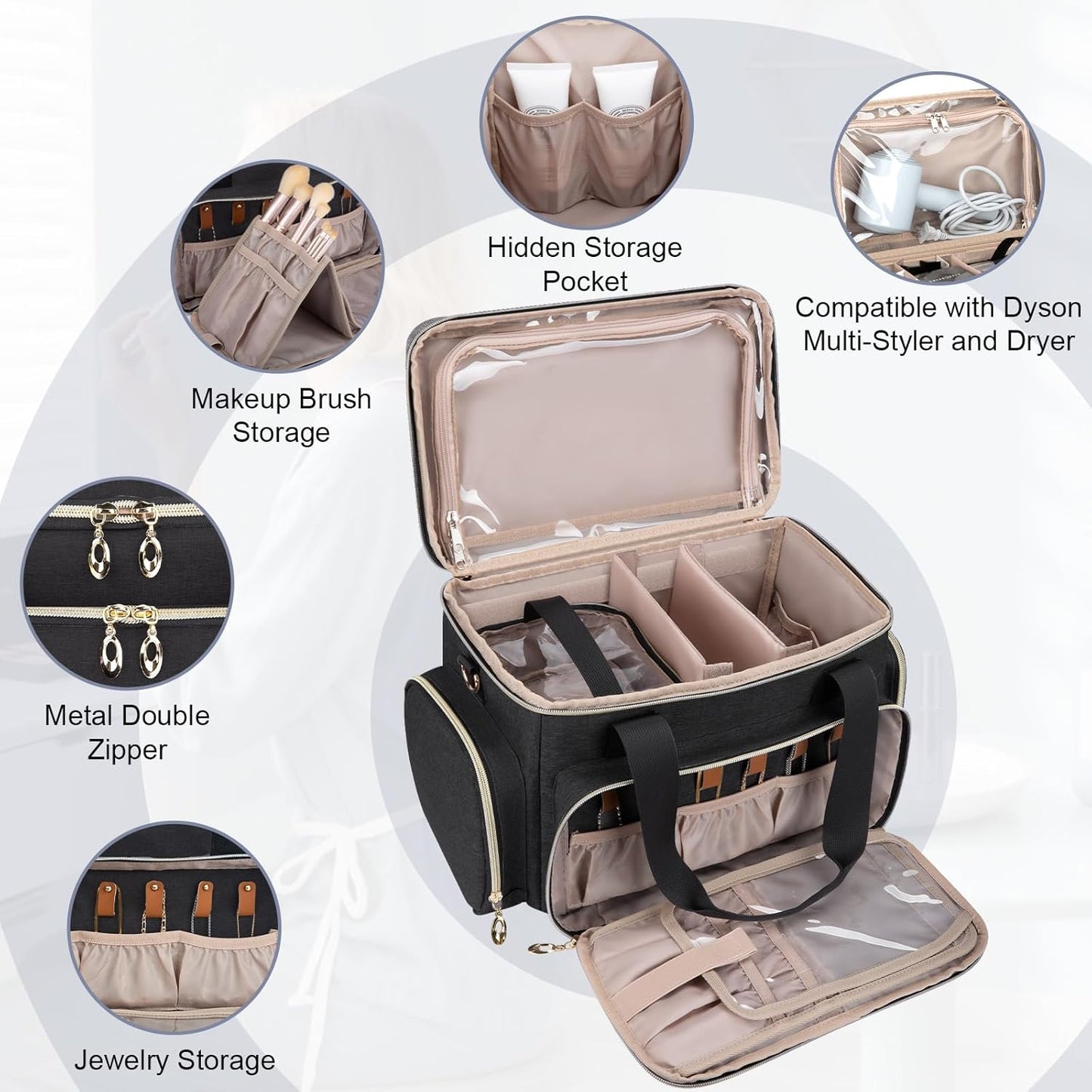 Large Travel Makeup Bag Organizer with Removable Dividers, Portable Cosmetic Storage Case with Brush Compartment and Shoulder Strap
