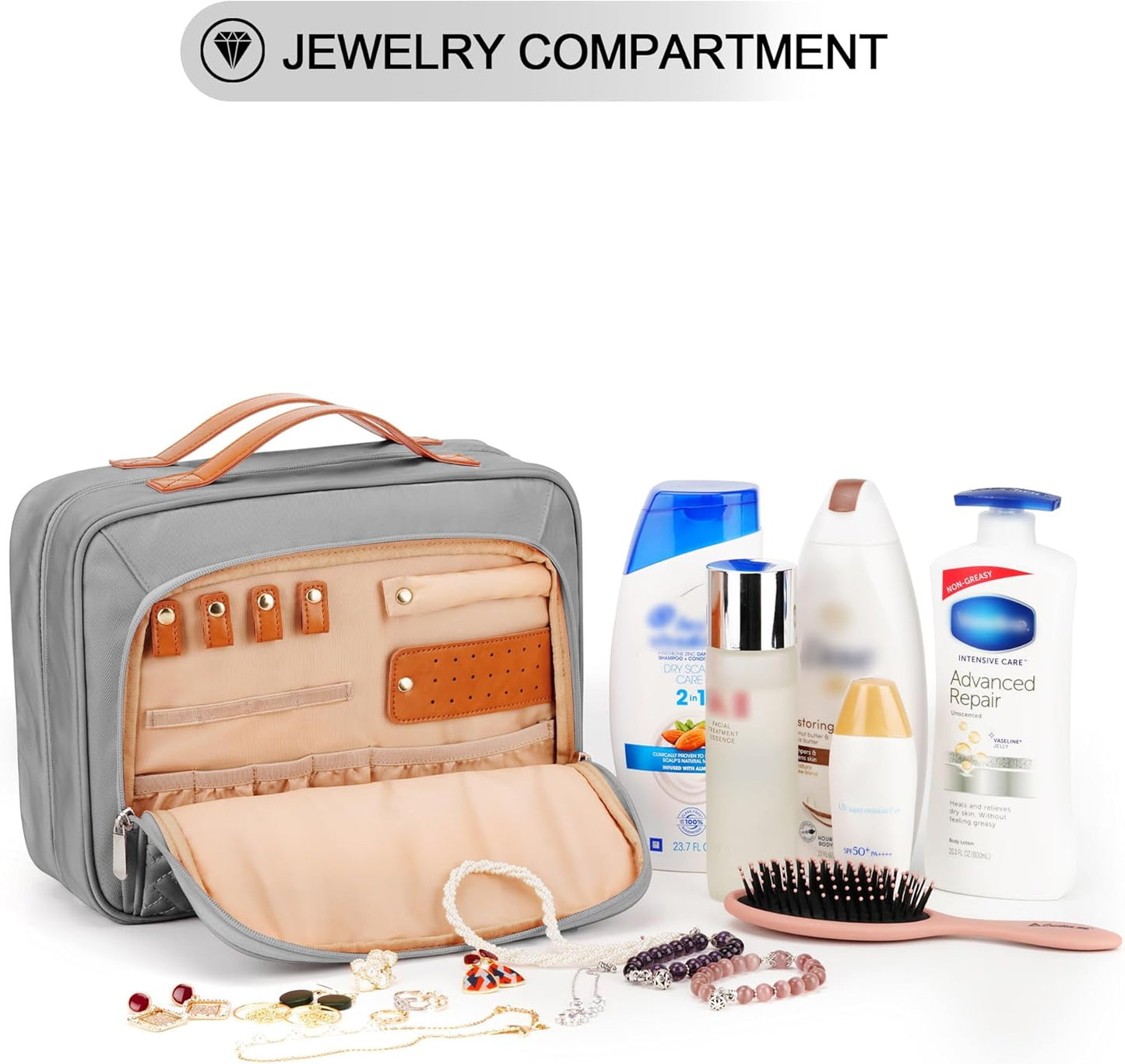 Travel Hanging Toiletry Bag for Women, Holds Full-Size Shampoo, with Jewelry Organizer Compartment, Extra Large Makeup Bag, Waterproof Cosmetic Bag, Toiletries Kit Set with Trolley Belt, Grey