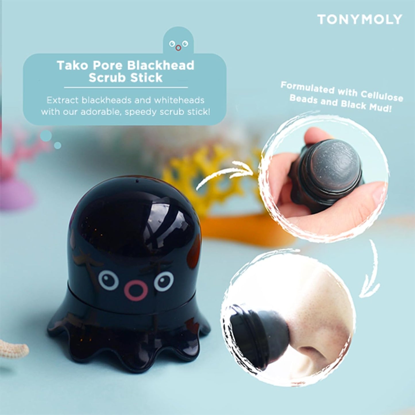 TONYMOLY Tako Pore Blackhead Remover Scrub Stick Charcoal & Dead Sea Salt Exfoliator for Blackheads, Whiteheads, Pore Cleansing & Oil Control, 0.8 oz