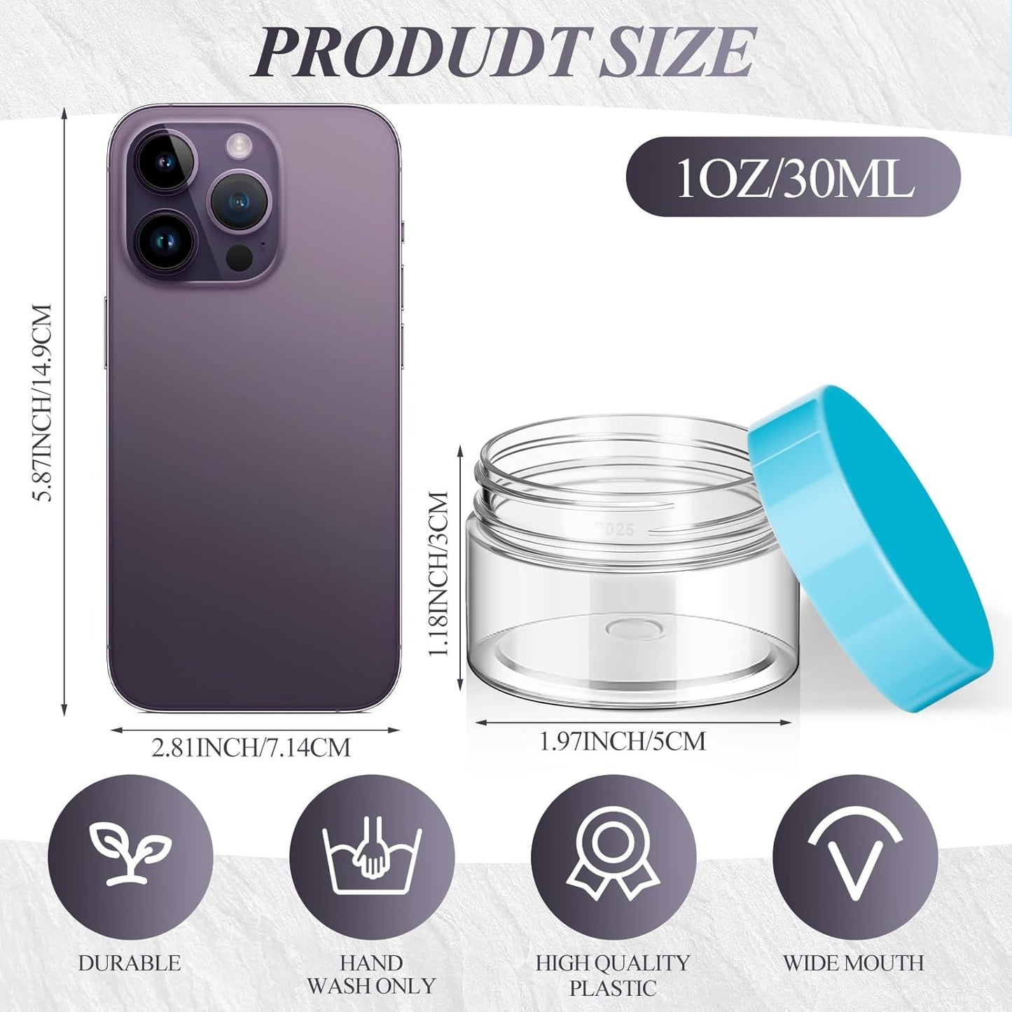 SATINIOR 24 Pieces Empty Clear Plastic Jars with Lids Round Storage Containers Wide Mouth for Beauty Product Cosmetic Cream Lotion Liquid Butter Craft and Food(Blue Lid,1 oz)