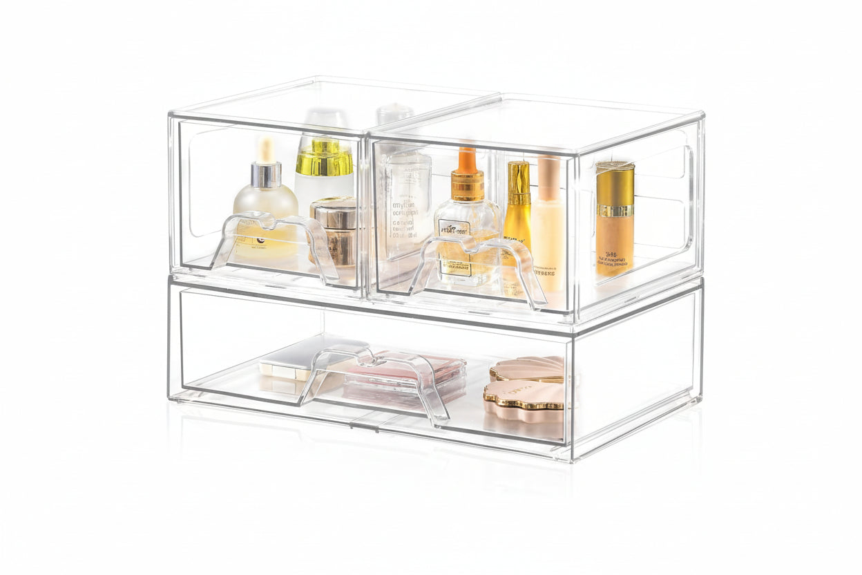 3 Piece Clear Stackable Acrylic Drawer Organizer Set for Vanity Bathroom Cabinet Storage