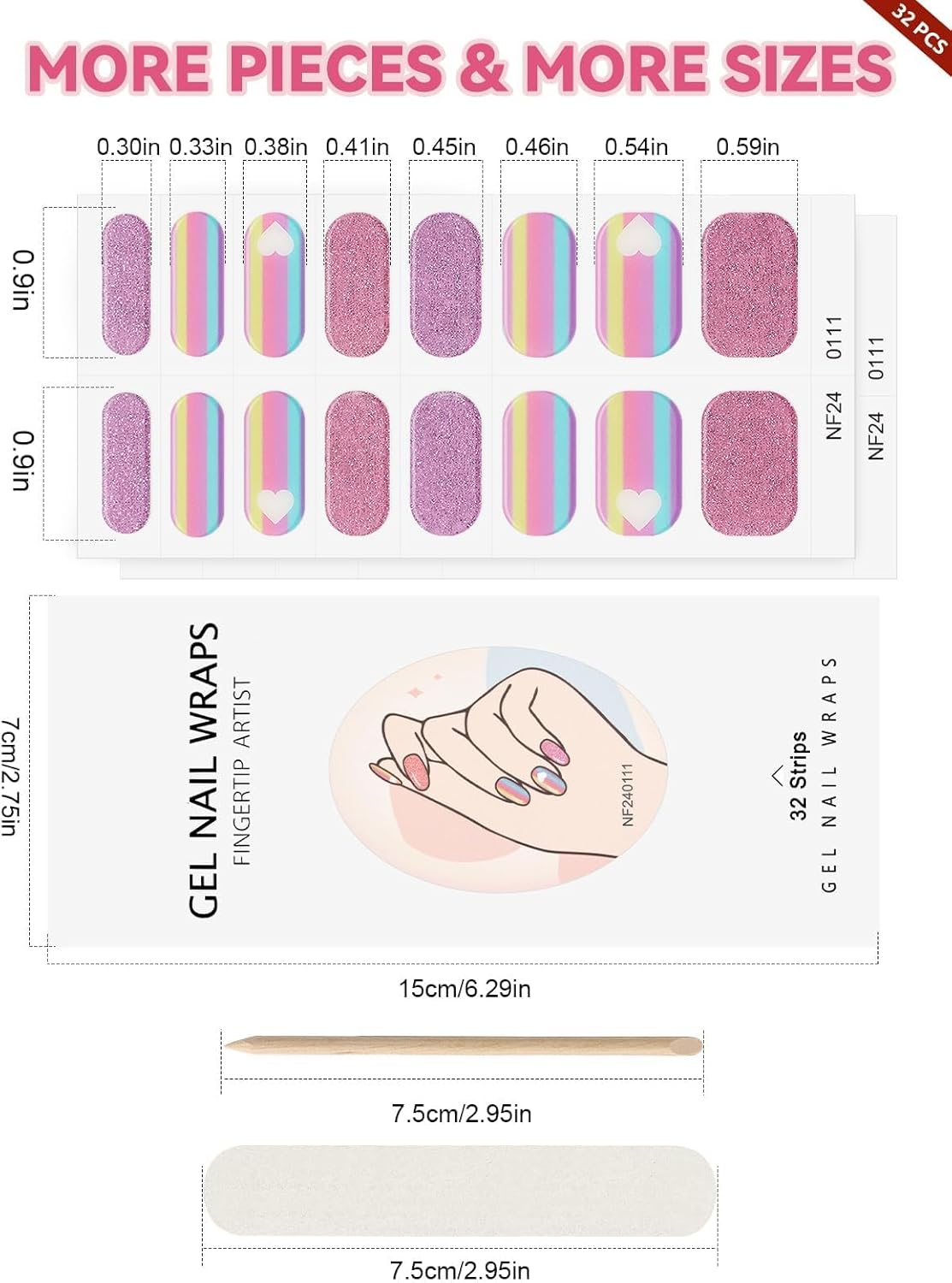 32PCS Semi-Cured Gel Nail Strips EBANKU Nail Polish Stickers Long-Lasting Semi-Cured Gel Nail Wraps Full Nail Polish Wraps Shiny Nail Decors Gel Nail Art Stickers UV/LED Lamp Required (Rainbow)