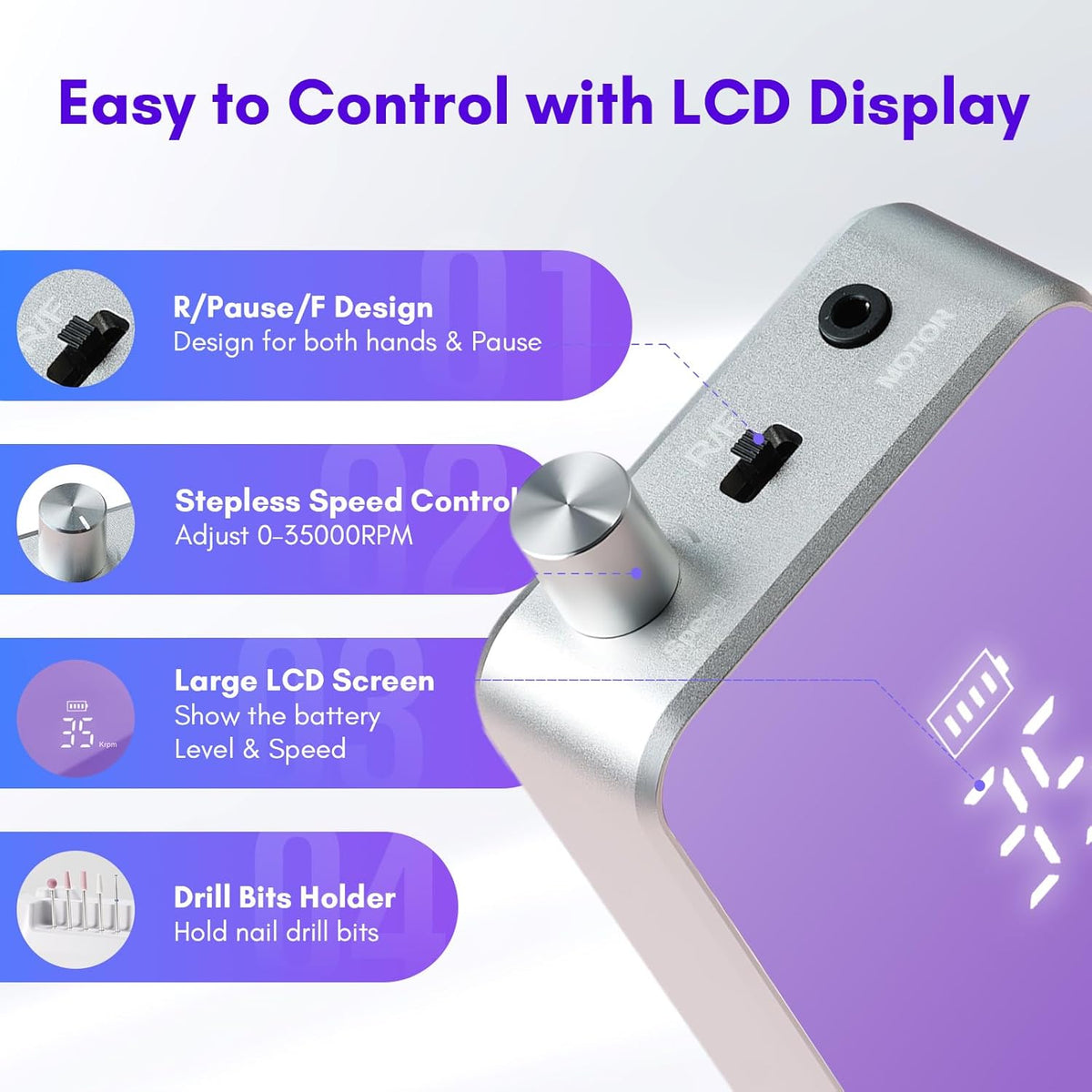 Makartt Professional Nail Drill - 35000RPM Electric Nail File with 60W Coreless Motor, 2 in 1 Desktop & Portable Rechargeable E File with Drill Bits and LCD Display, Nouvella Purple