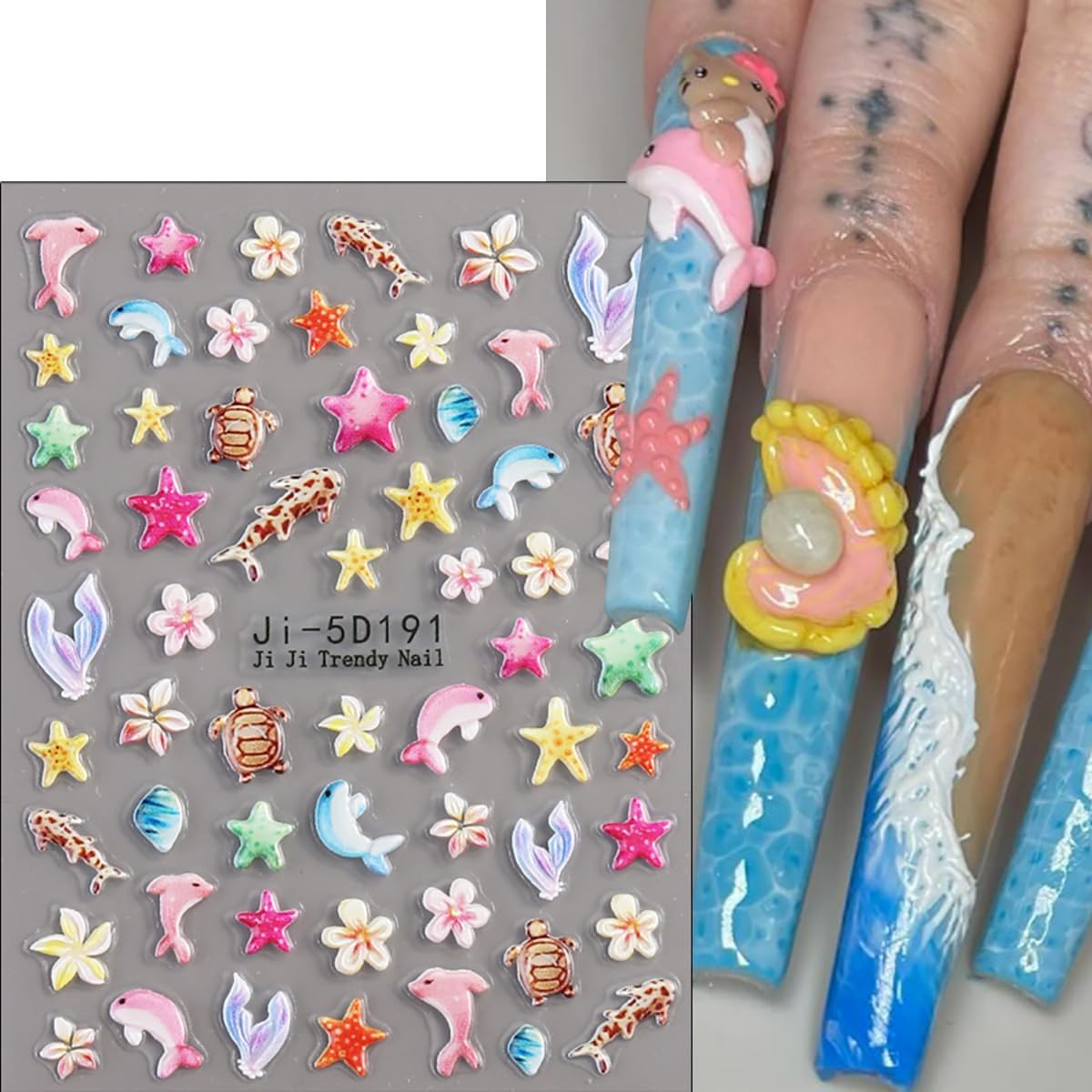 5D Embossed Summer Nail Stickers for Nail Art 2 Sheets Beach Starfish Nail Art Stickers Self-Adhesive Jellyfish Shell Starfish Sea Turtle Coconut Tree Designs Ocean Nail Decals for Women Acrylic Nails