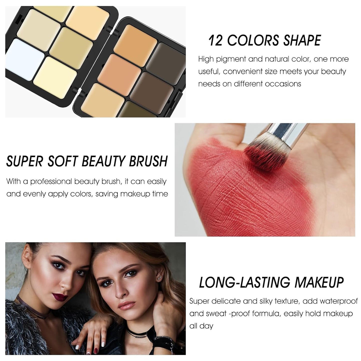 12 Colors Cream [Contour+Concealer] Makeup Palette for Cheeks - Multi-functional Makeup Palette with Brush, Natural Matte Long Wearing, Waterproof Blendable Face Makeup Palette (#03)
