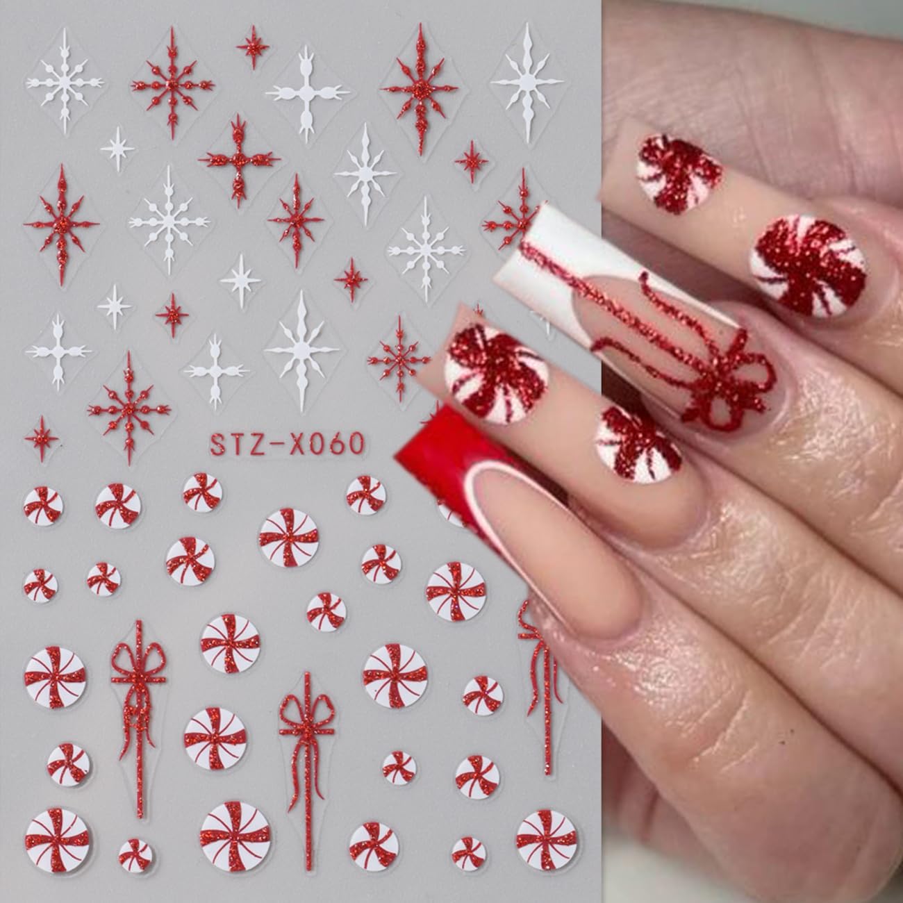 6Sheets Red Christmas Nail Art Stickers,Christmas Hat Snowflake Gift with French Bow Snowflakes Hat Glitter Design 3D Self-Adhesive Decals Supplies Winter New Year Manicure Tips Decoration for Women