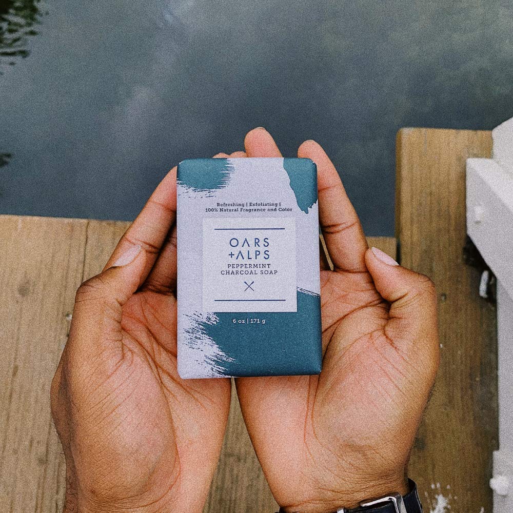 Oars + Alps Peppermint Charcoal Exfoliating Men's Bar Soap, Dermatologist Tested and Made with Clean Ingredients, Travel Size, 3 Pack, 6 Oz Each