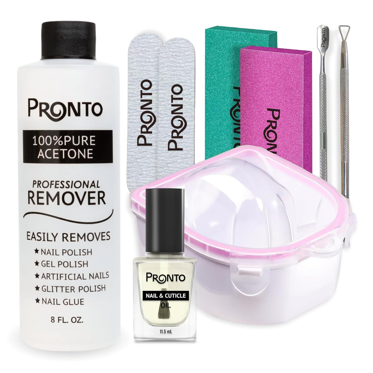 Pronto Gel Nail Polish Remover Kit – 8 Oz Pure Acetone 100 Percent, Nail File, Nail Polish Soak Off Bowl, Cuticle Oil for Nail Care + Manicure Set with Nail Buffer Block, Cuticle Pusher & Nail scraper