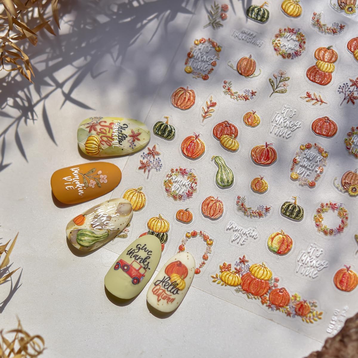 Pumpkin Nail Stickers for Art Fall Nails Stickers 5D Embossed Self-Adhesive Thanksgiving Day Autumn Maple Leaf Flower Wreath Nails Decals Holiday Maple Leaves Manicure Decoration for Salon Nail 1Sheet