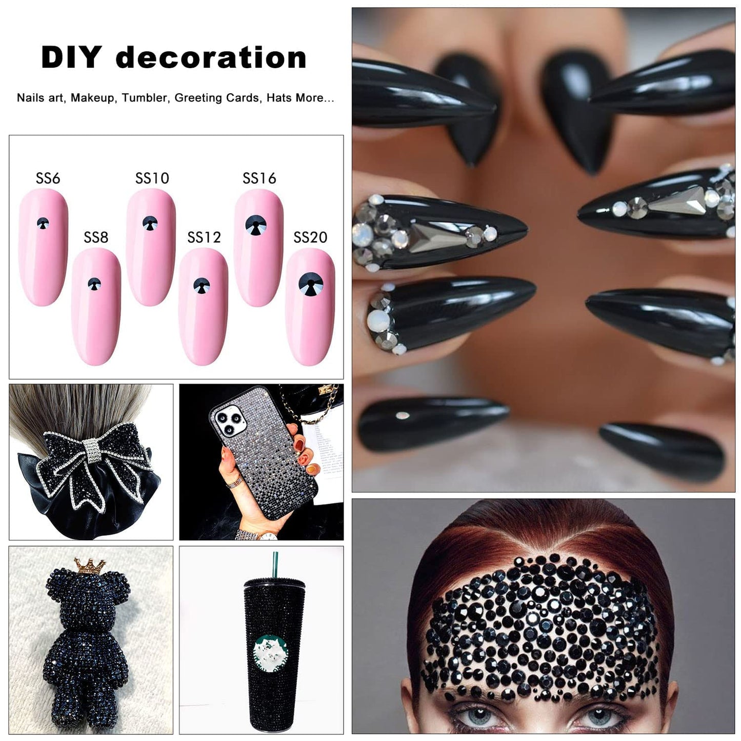 4240Pcs Shiny Black Flatback Rhinestones 6 Sizes Crystal Diamonds for Nail Art Crafts Clothes Shoes with Tweezers and Picking Pen