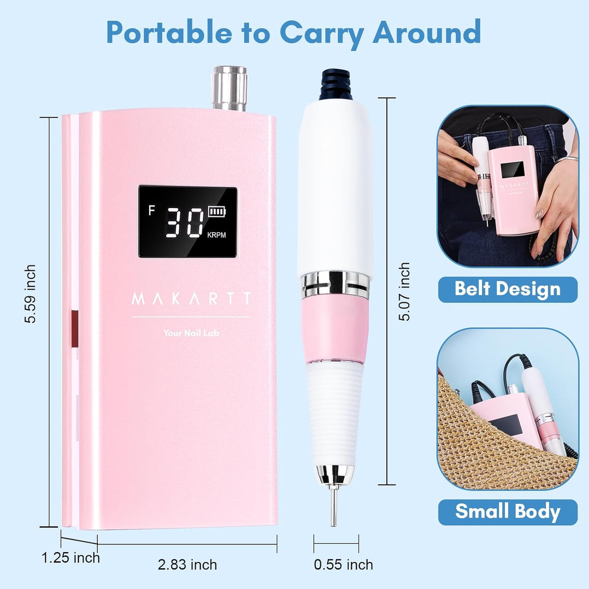 Makartt Electric Nail Drill - 30000RPM Rechargeable E File, Perlarie Pearly Pink Portable Nail Grinder with Drill Bits & Sanding Bands for Manicure Salon Home Use