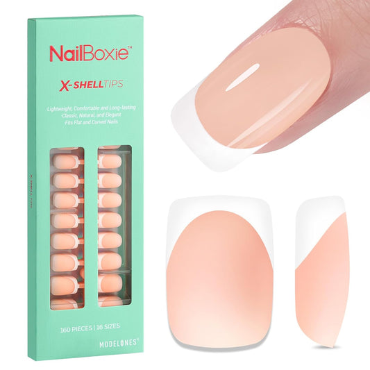modelones French Tip Press on Nails, Short Square Fake Nails with Nail Box, Nude Gel Nail Tips for Women, Soft Glue-On Nails for Natural Salon Look, DIY Nail Art Kit