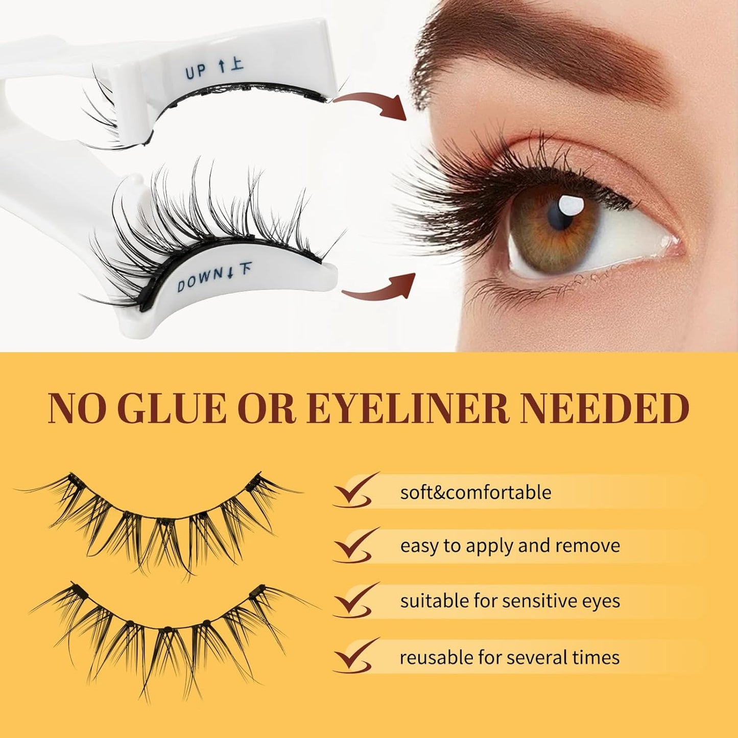 QUEWEL Magnetic Eyelashes Natural Look, 1 Pair Reusable Magnetic Eyelashes with Applicator, No Glue Needed Manga Eyelashes Magnetic Lashes Kit, Easy to Wear and Remove(Magnetic Lashes-D01)