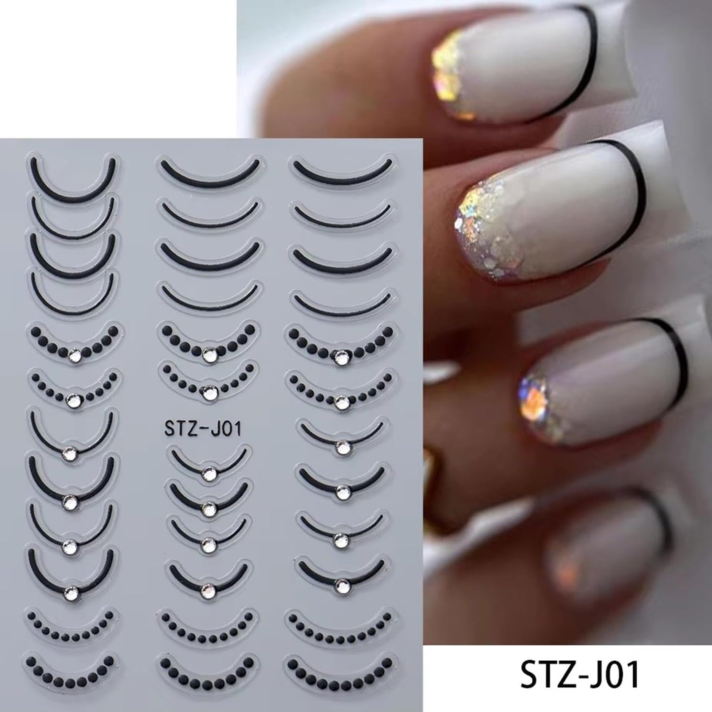 4 Sheets French Tip Nail Art Stickers Luxury Crystal Rhinestones with Stripe Lines French Gold Silver Rose Black Design 3D Nail Supplies for Women Girls DIY Manicure Art Accessories Metallic Set