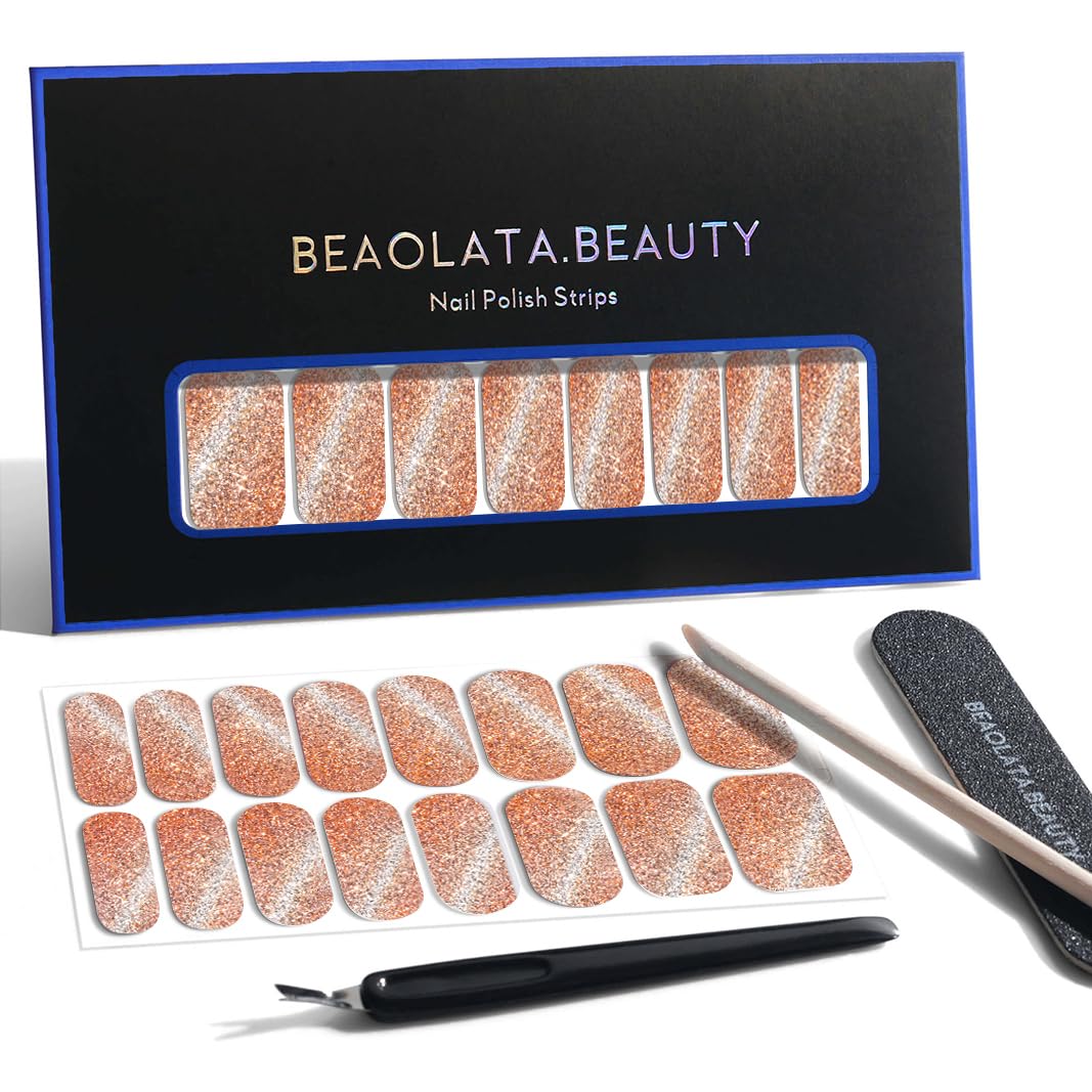 Nail Polish Strips, 32PCS Salon Quality Wraps, Long Lasting Gel Nail Stickers for Women Easy Apply& Remove (Moonlight Gold Leaf)