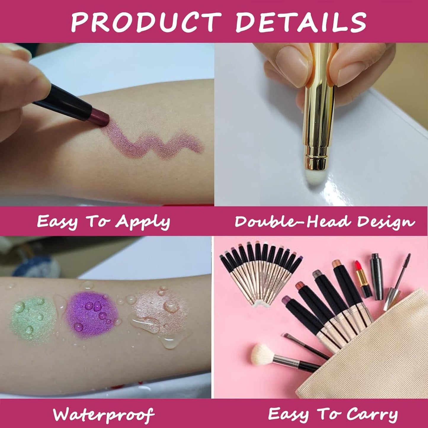 Gold Eyeshadow Stick Makeup, Highlighter Matte Cream Eye Shadow Pencil, Waterproof Hypoallergenic Long Lasting Crayon, Glitter Primer Palette Shimmer Eyeliner Pen wiht Soft Brush