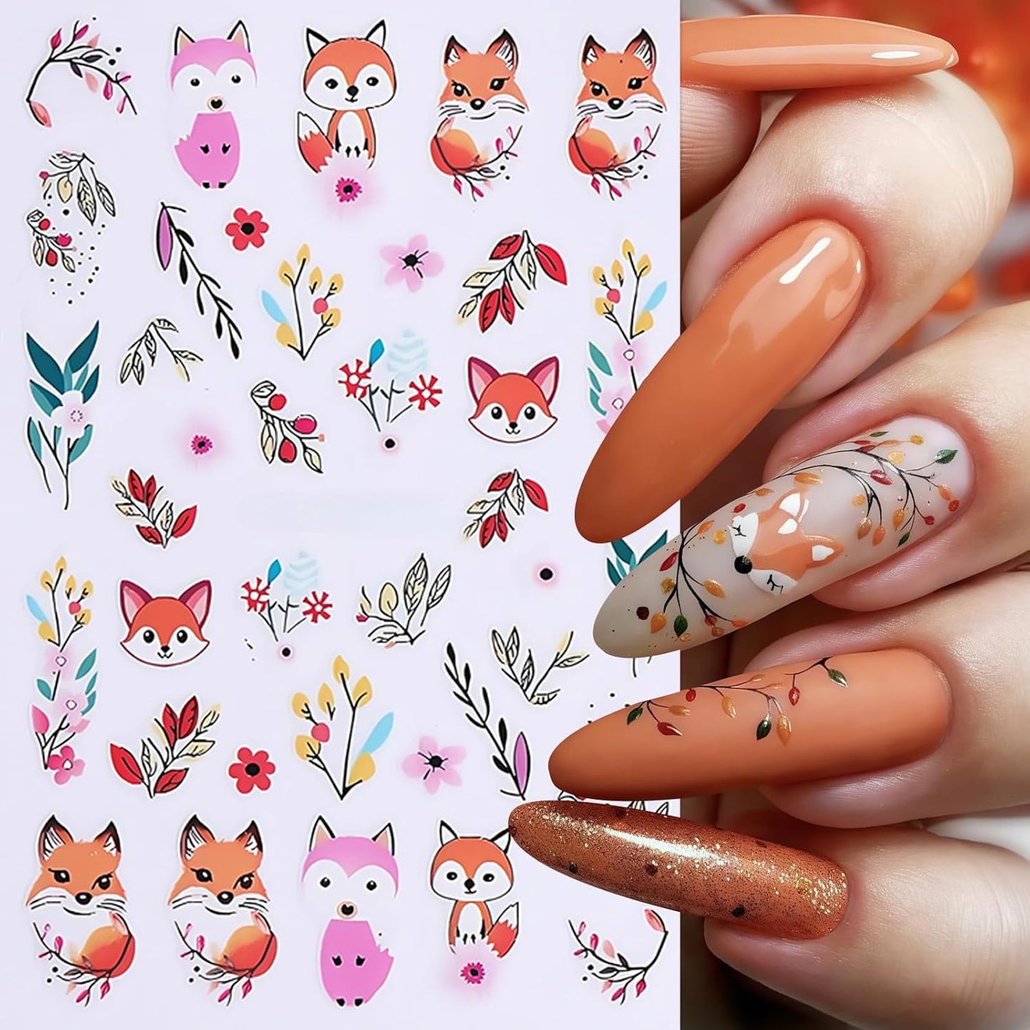 6Sheets Fall Leaf Nail Stickers Thanksgiving Day Fox Nail Stickers for Nail Art Cute Fox Flower Nail Decals 3D Self-Adhesive Cute Autumn Foxes Nails Supplies Nails Decoration for Women DIY Manicure