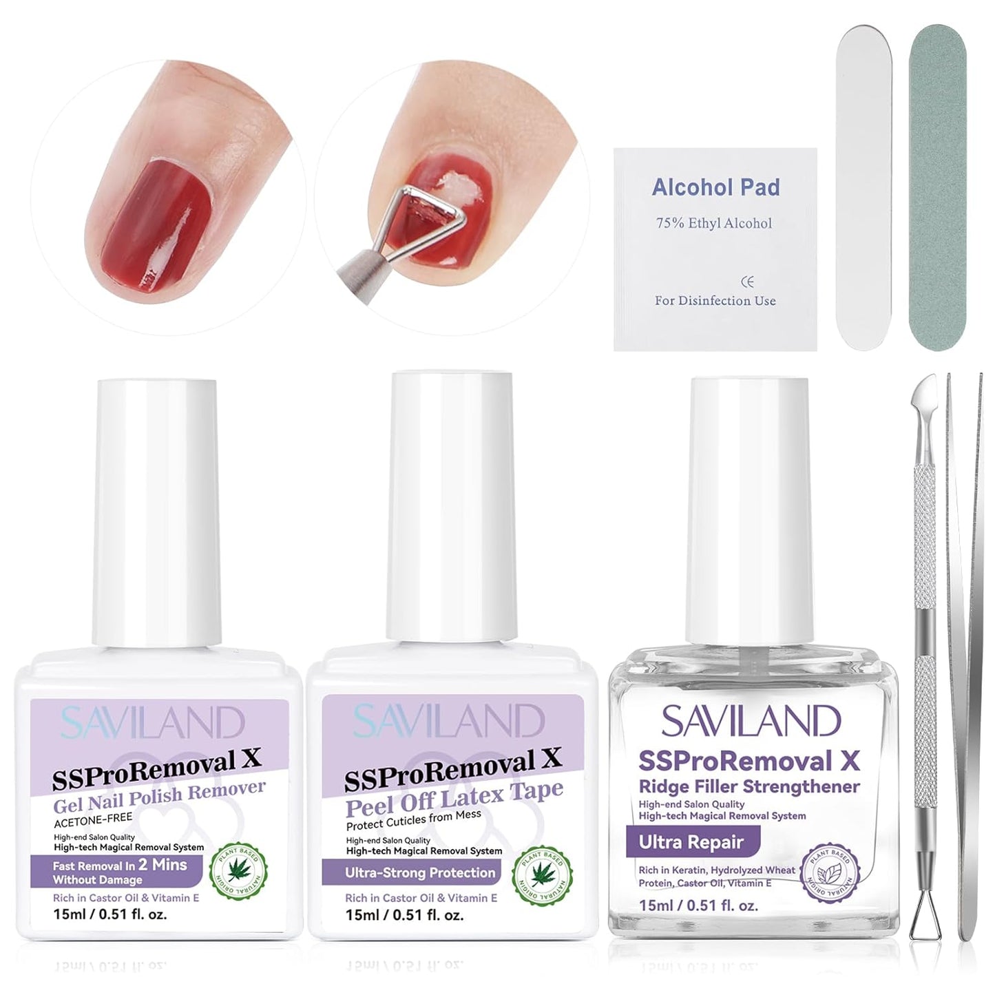 SAVILAND 3-In-1 Gel Polish Remover Kit: SSProRemoval X Fast Removal Nail Polish Remover for Nails with Liquid Latex for Nail Strengthener Rich in Castor Oil VE for Protection Nails