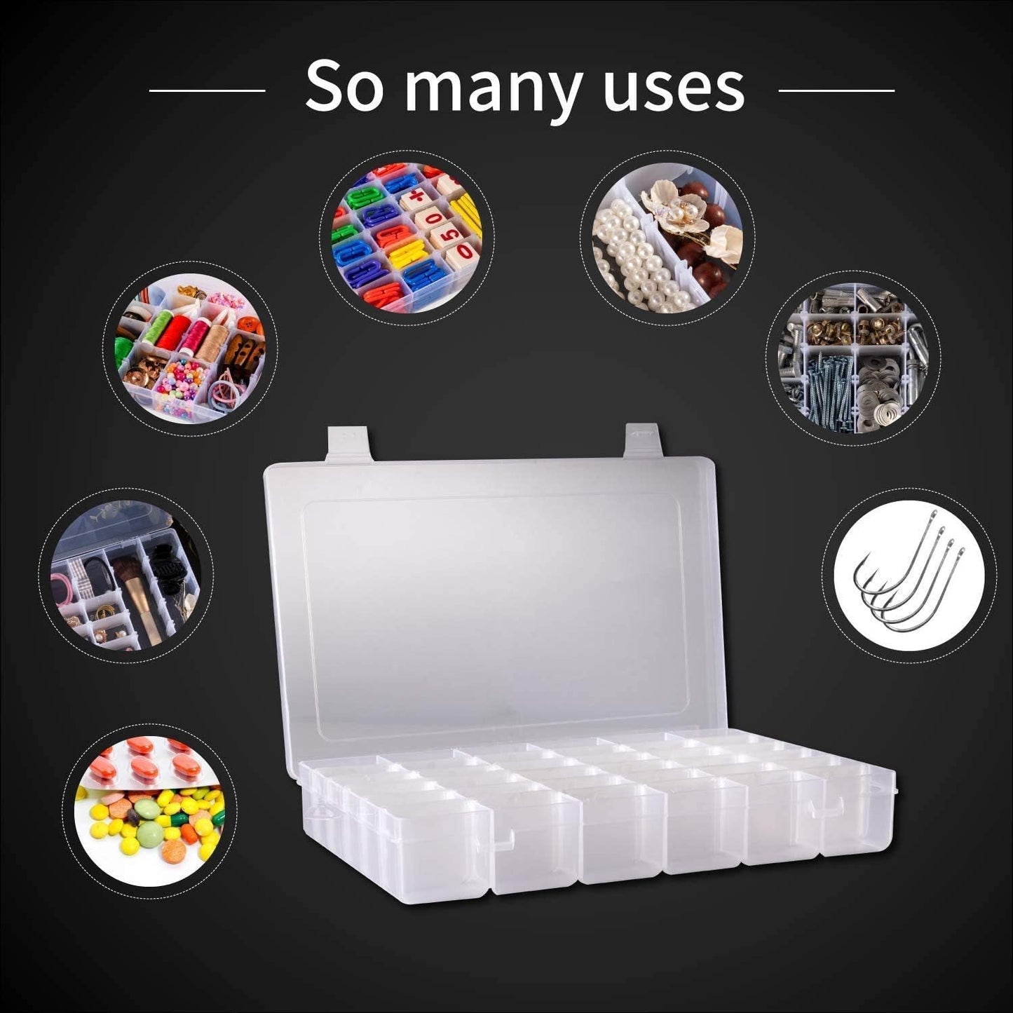 Plastic Organizer Container Box 36 Compartments Jewelry Storage Box with Adjustable Dividers (3 Pack)