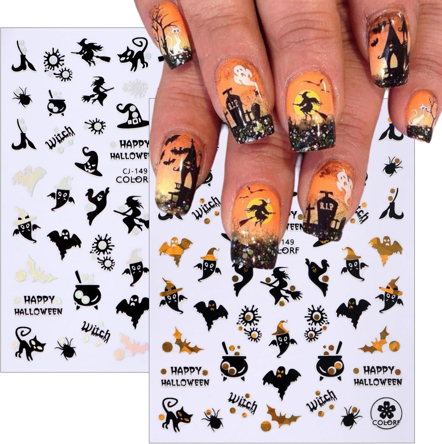 6 Sheets Halloween Nail Art Stickers 3D Horror Gothic Ghost Face Skull Pumpkin Bat Spider Witch Halloween Nail Decals Cute Cat Nail Art Design Accessories for Women Girl DIY Nail Decorations