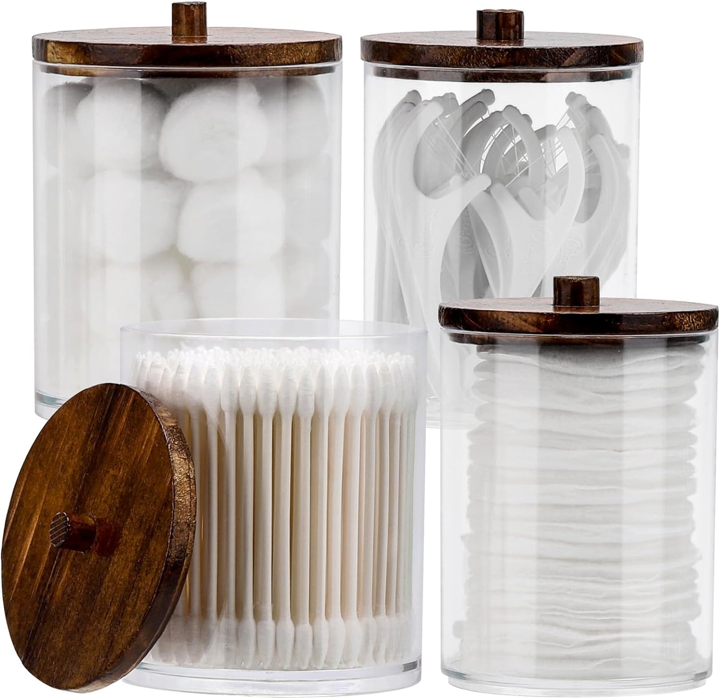 Tbestmax 4 Pack Qtip Holder Dispenser Cotton Ball, Cotton Swab, Floss - 12oz, 10 oz Clear Plastic Apothecary Jars for Bathroom Organizer and Storage Containers (Brown Wood Lids)