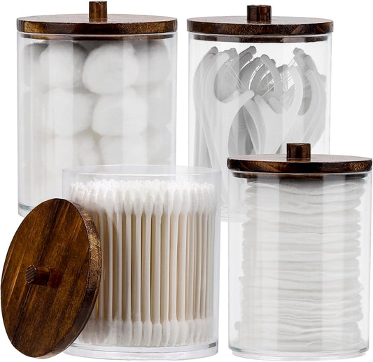 Tbestmax 4 Pack Qtip Holder Dispenser Cotton Ball, Cotton Swab, Floss - 12oz, 10 oz Clear Plastic Apothecary Jars for Bathroom Organizer and Storage Containers (Brown Wood Lids)