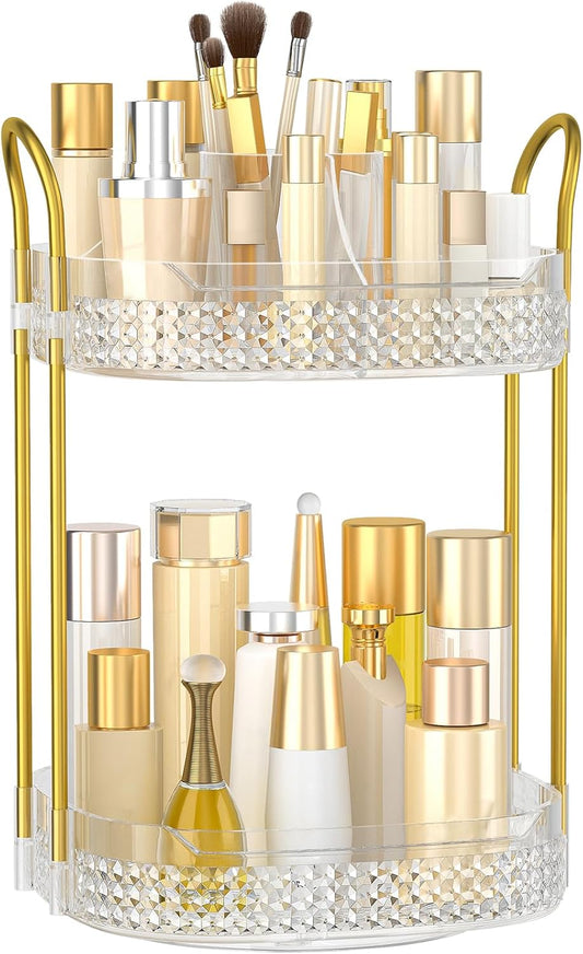 360 Rotating Makeup Organizer 2 Tier, Large Skincare Clear Make Up Storage Spinning Perfume Organizers for Bathroom Counter Dresser, White