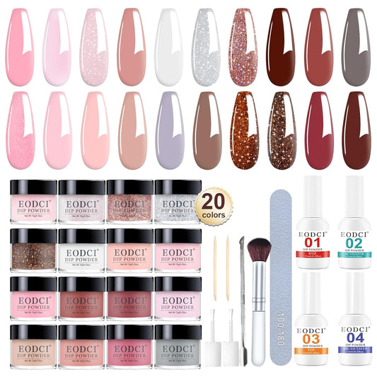 31 Pcs Dip Powder Nail Kit Starter - 20 Colors Nude Brown Skin Tone Dipping Powder Liquid Set with Base Top Coat, Activator, Brush Saver, Nail Buffer and Brush No Needed Lamp Curing