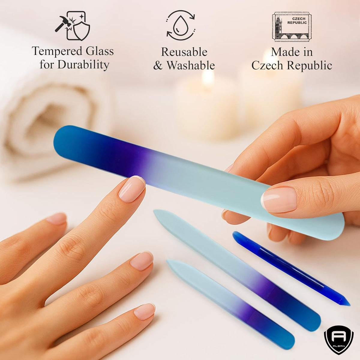 Alban Czech Glass Nail File Set with Manicure Stick & Vegan Leather Cosmetic Case (Royal Blue & Purple Nail Files, Royal Manicure Stick & Light Blue Cosmetic Case)