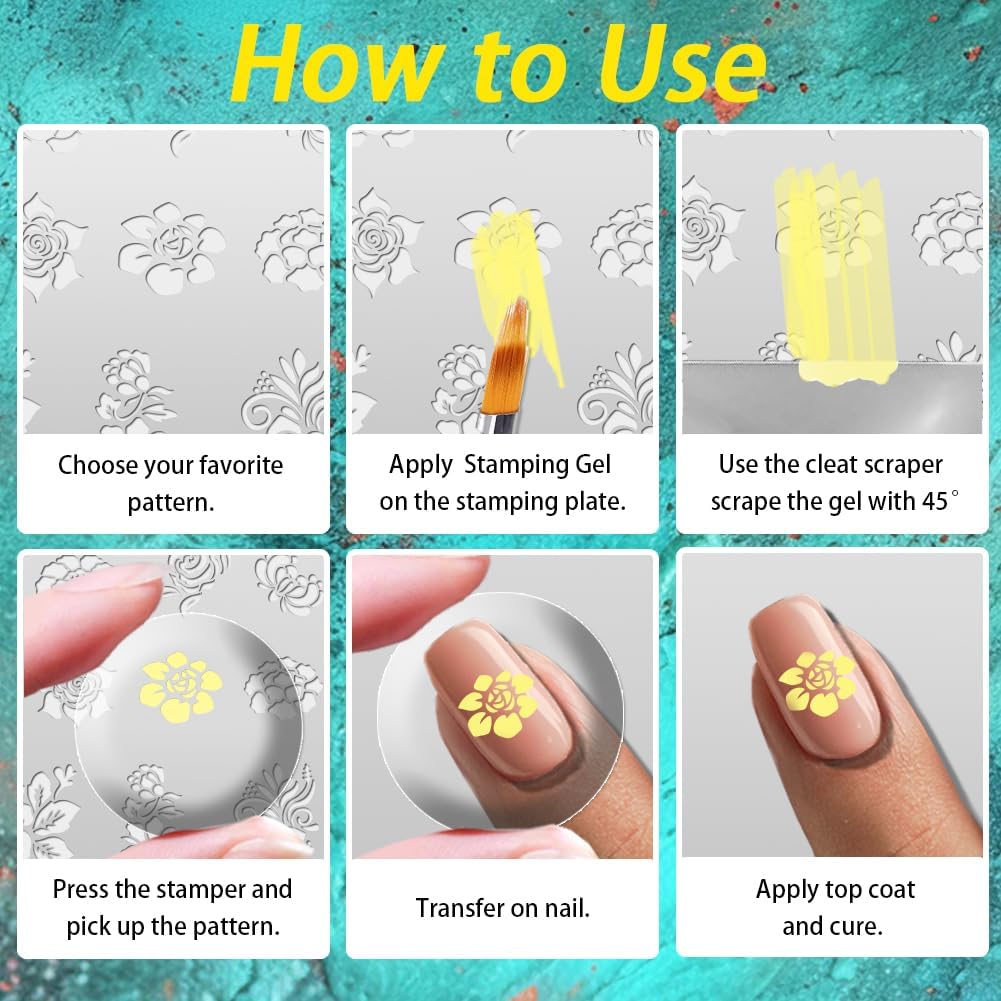 3Pcs Vintage Floral Nail Stamping Plate Set Flower Leaves Bamboo Nail Stamp Templates French Line Tip Nail Stamp Plates Rose Metal Reusable Tools with Stamper Scraper for Manicure Printing