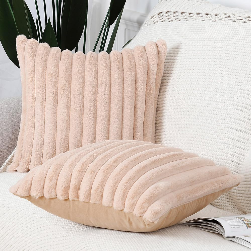 MADIZZ Set of 2 Faux Wool Plush Decorative Throw Pillow Covers 18x18 Inch Light Brown Fluffy Striped Soft Decorative Cushion Cover for Sofa Bedroom Pillow Shell