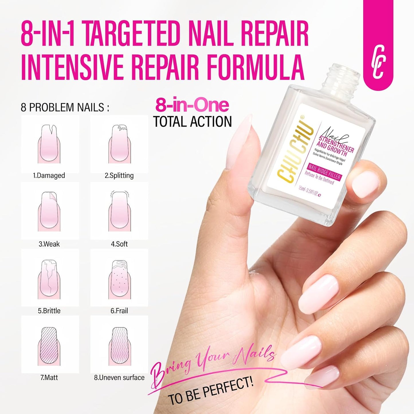 Nail Ridge Filler Hardener for Women: 15ml Milky White Nail Strengthener Protein Extra Strong and Growth - Polish Concealer for Thin and Damaged Nails