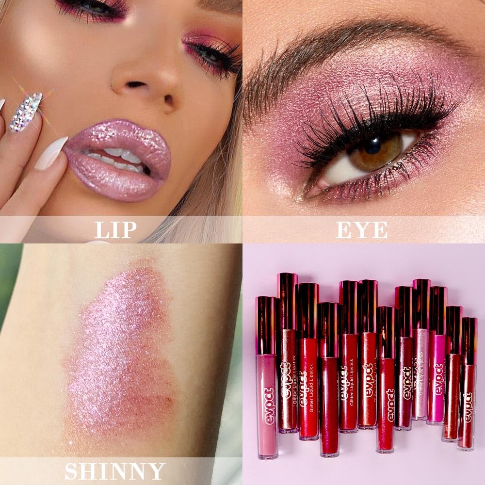 evpct 2Pcs Rose & Hot Pink Glitter Metallic Shimmer Diamond Lipstick Lip Gloss Set for Women Long Lasting Waterproof, Light Bright Rose Pink Sparkle Glitter Matte Liquid Lipstick Lip Makeup Kit