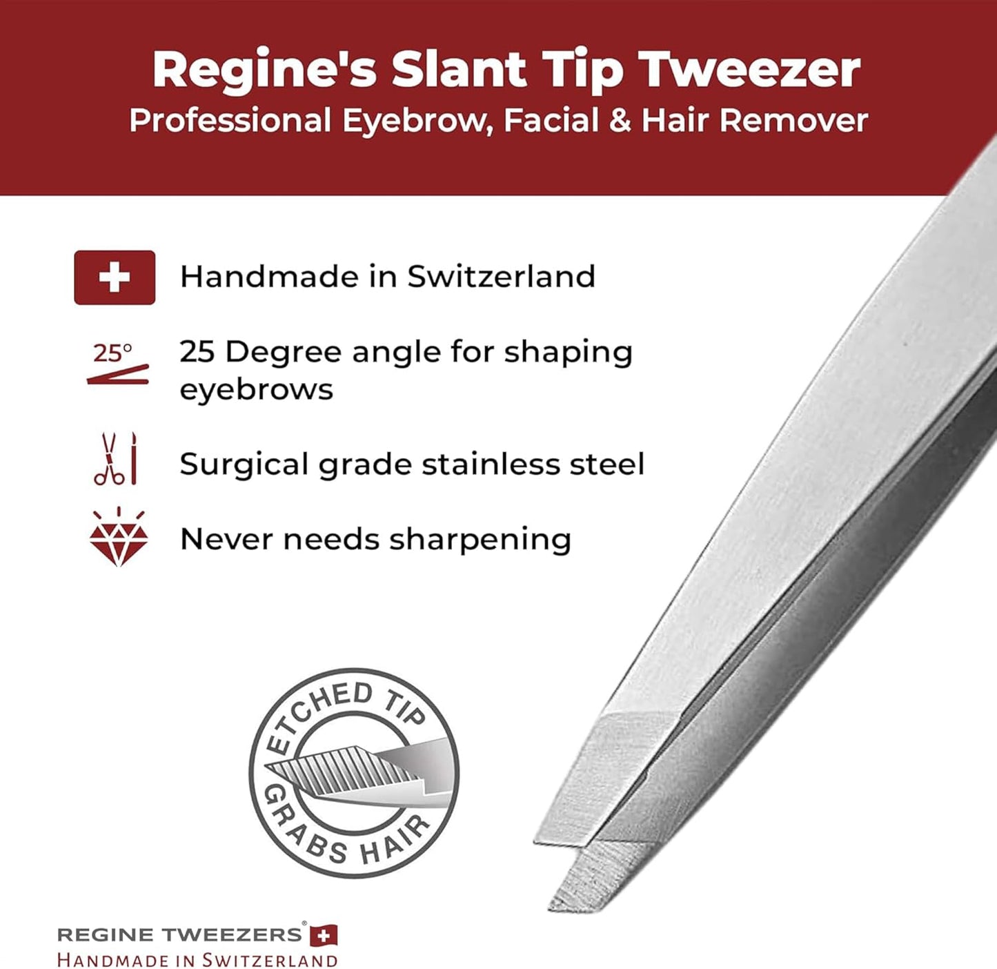 Professional Tweezers Slant Tip - Etched Tip Brow and Eyebrow Tool for Men and Women - Precision Tweezers for Fine Hair, Chin, Lash Extensions - Stainless Steel Handmade Beauty Tool