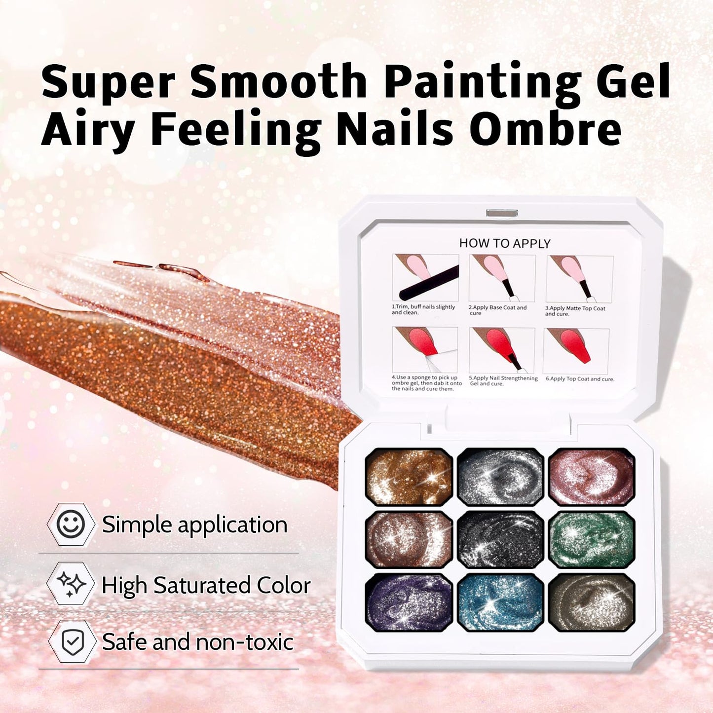 Sponge Pat Paint Nail Gel, 9 Colors Ombre Nails Gradient Gel Nail Blush Blooming Aura Nails Drawing Stripper Floral Painting Nail Art, No Wipe, UV/LED Curing (9 Colors K)