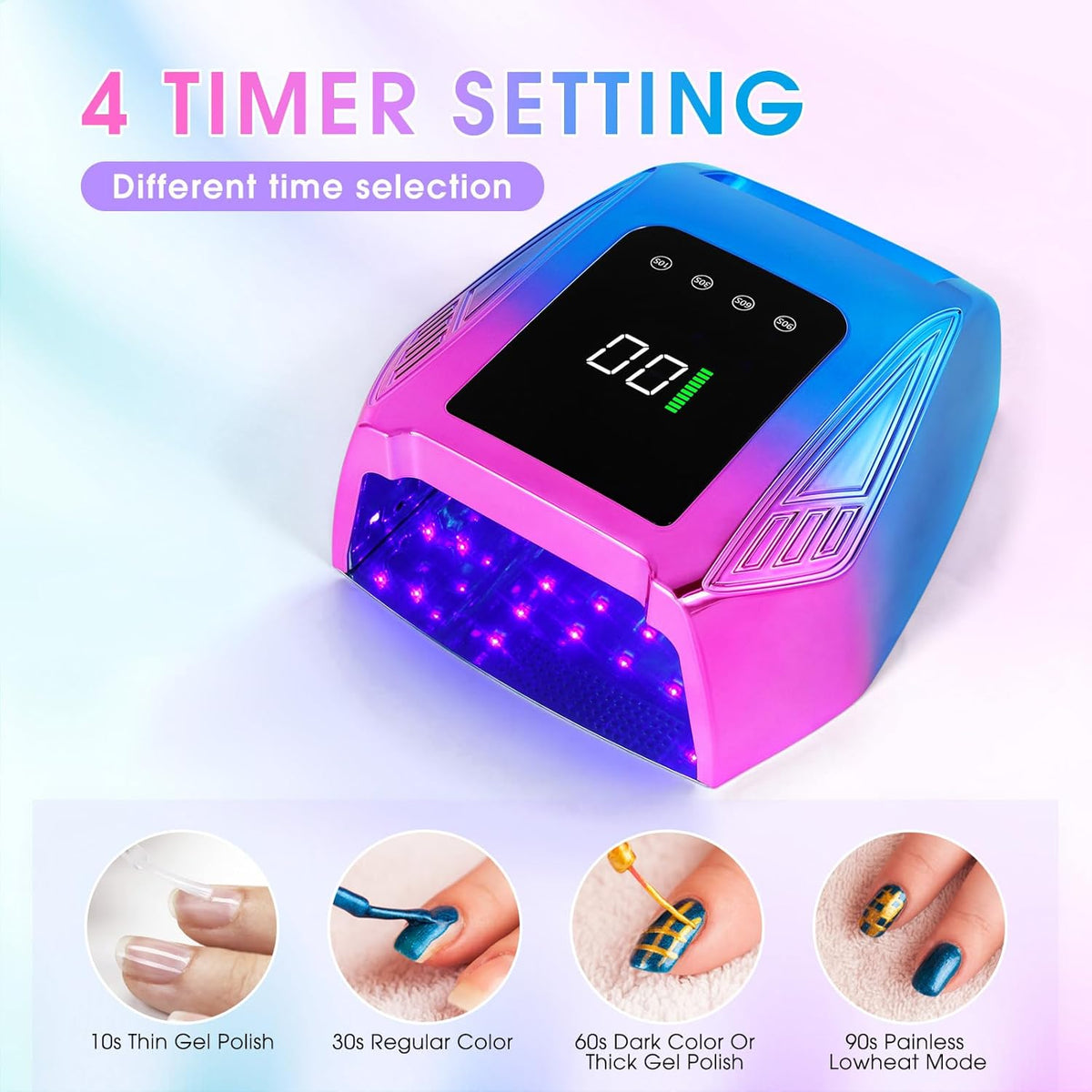 Cordless UV LED Nail Lamp, 96W Rechargeable UV Nail Lamp for Gel Nails, UV Nail Light with 4 Timer Setting, Professional Quick Dry Nail UV Lamp with Display Auto Sensor