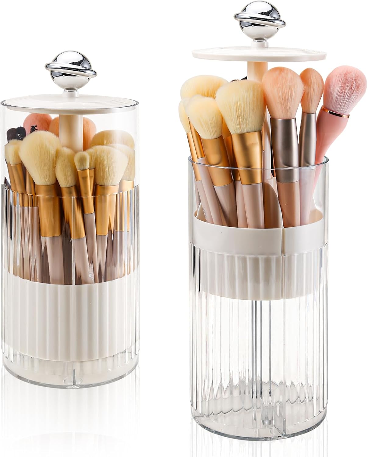 Automatic Lift Makeup Brush Holder with Lid Dustproof Clear Cosmetic Brush Organizer 4-Slot Vanity Brush Storage Container (Cream)