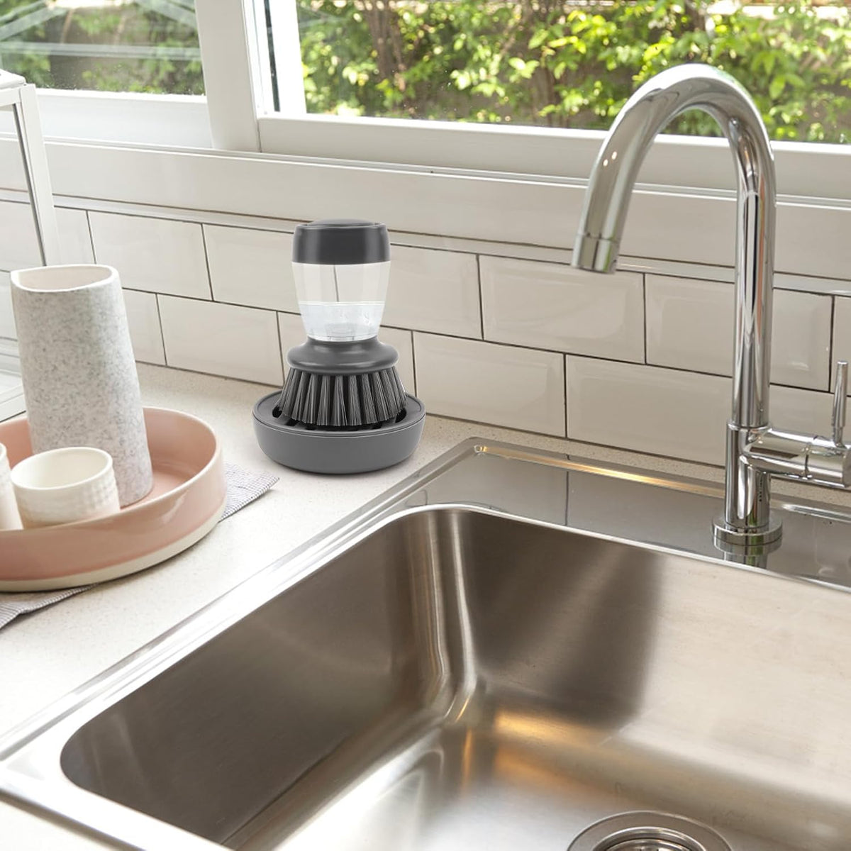 Palm Dish Brush with Soap Draining Tray Dispenser Kitchen Scrub Brush for Kitchen Dishes Pots Pans Sink Cleaning