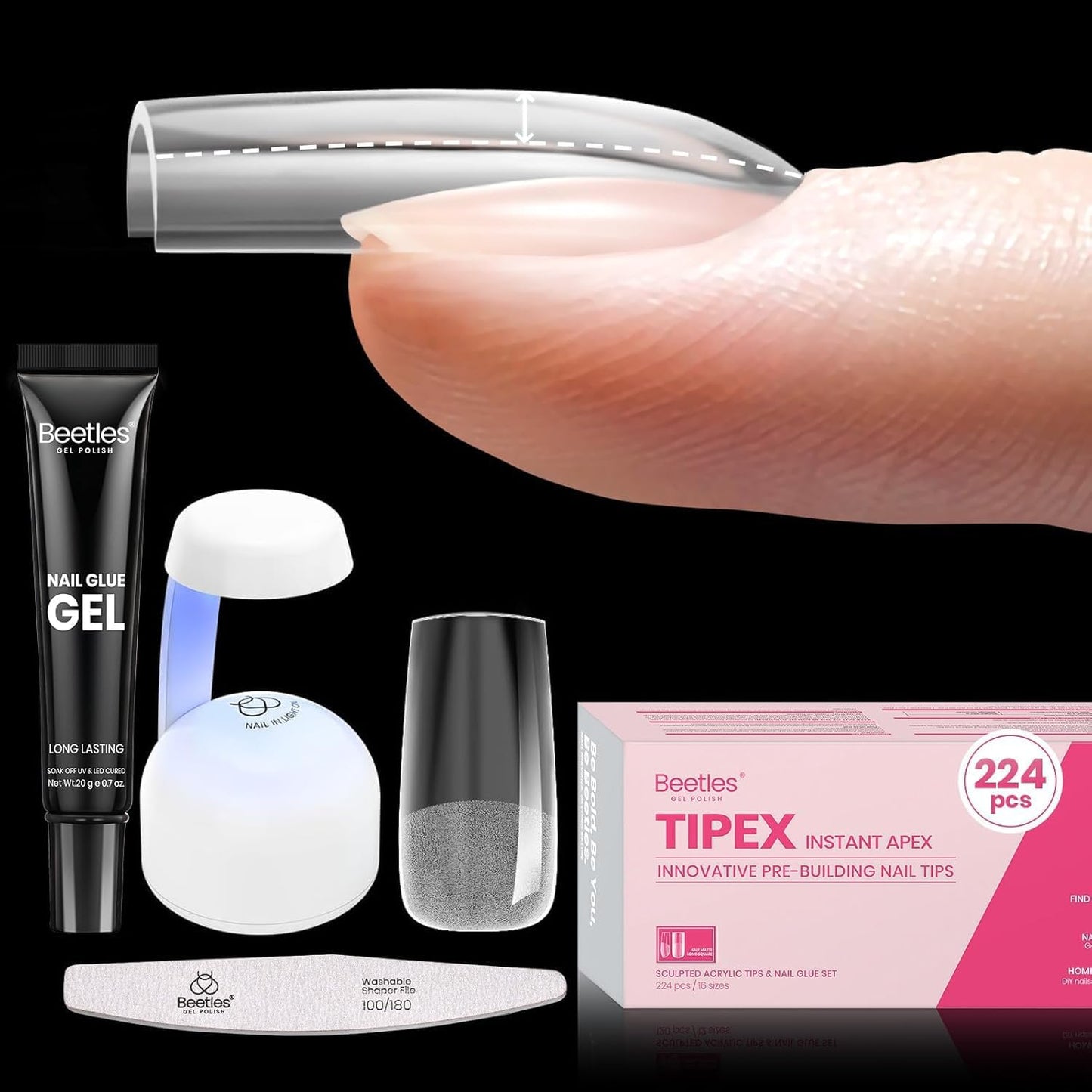 Beetles Tipex Nail Kit, Square Medium Nail Tips 224 Pcs 16 Sizes Pre-Etched Fake Nails with Tipex Nail Glue Mini Nail Lamp - Thick Acrylic Nail Set Pre-Builder Gel Press-on Nails