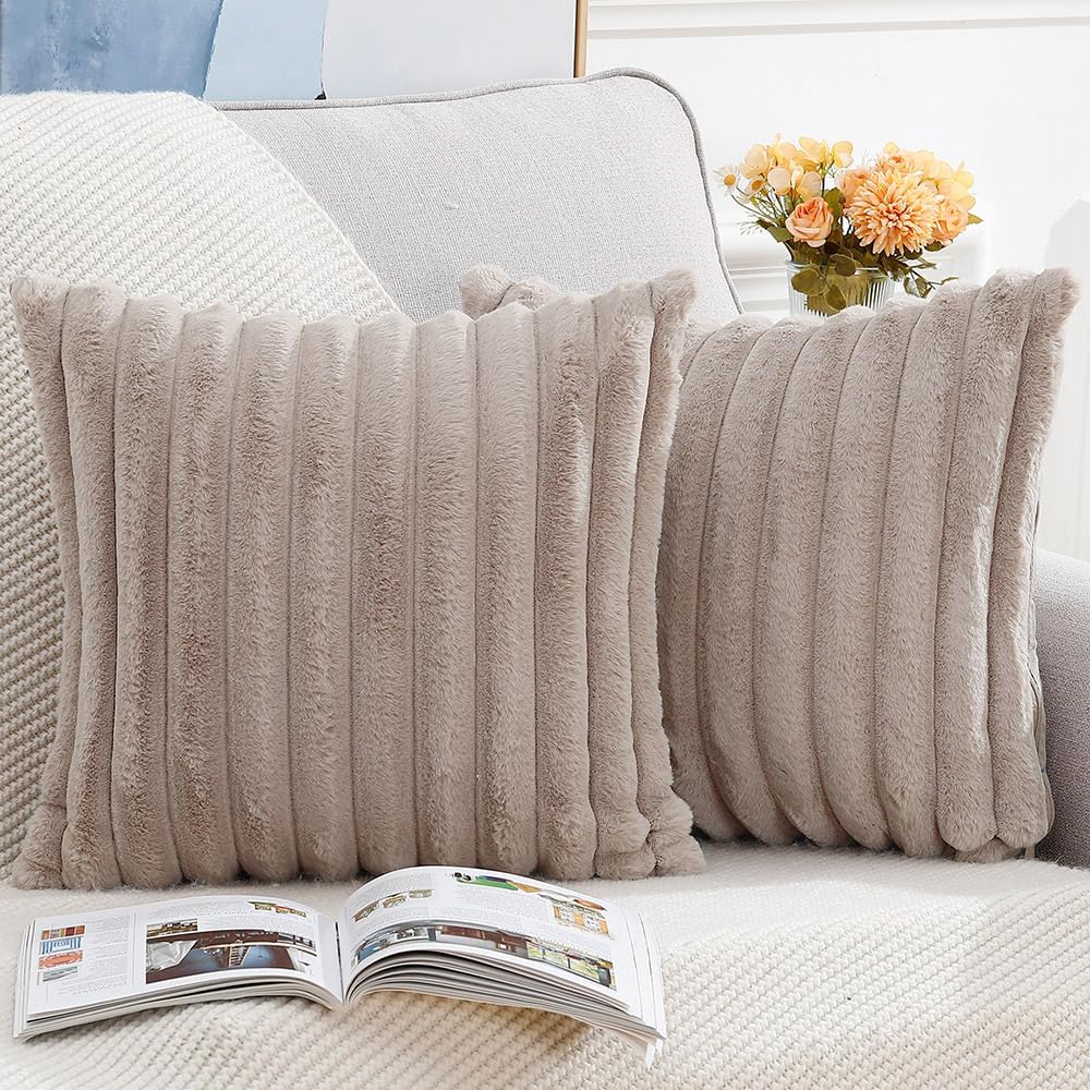 MADIZZ Set of 2 Faux Wool Plush Decorative Throw Pillow Covers 22x22 Inch Taupe Fluffy Striped Soft Decorative Cushion Cover for Sofa Bedroom Pillow Shell