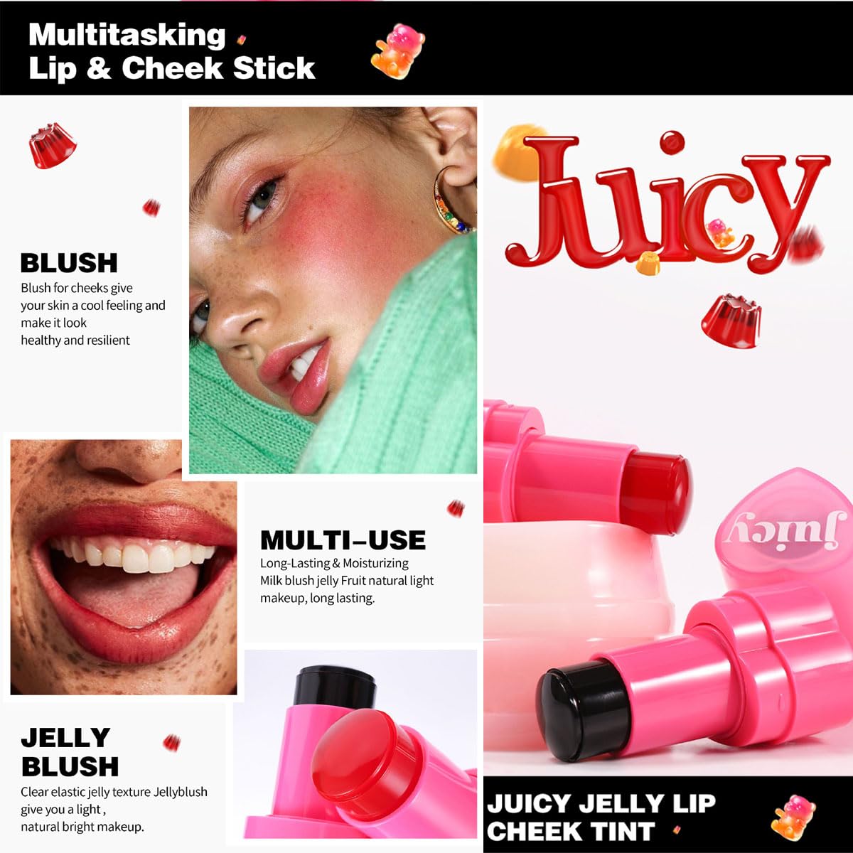 Cooling Water Jelly Tint Stick，Multi-Use Juicy Love Blush, 3-In-1cheek Blush & Eyeshadow & Lip Tinted Long-Lasting Moisture Stick，Bouncy Jelly Texture，Creates A Moist Watercolor Effect (#09, 0.32oz)