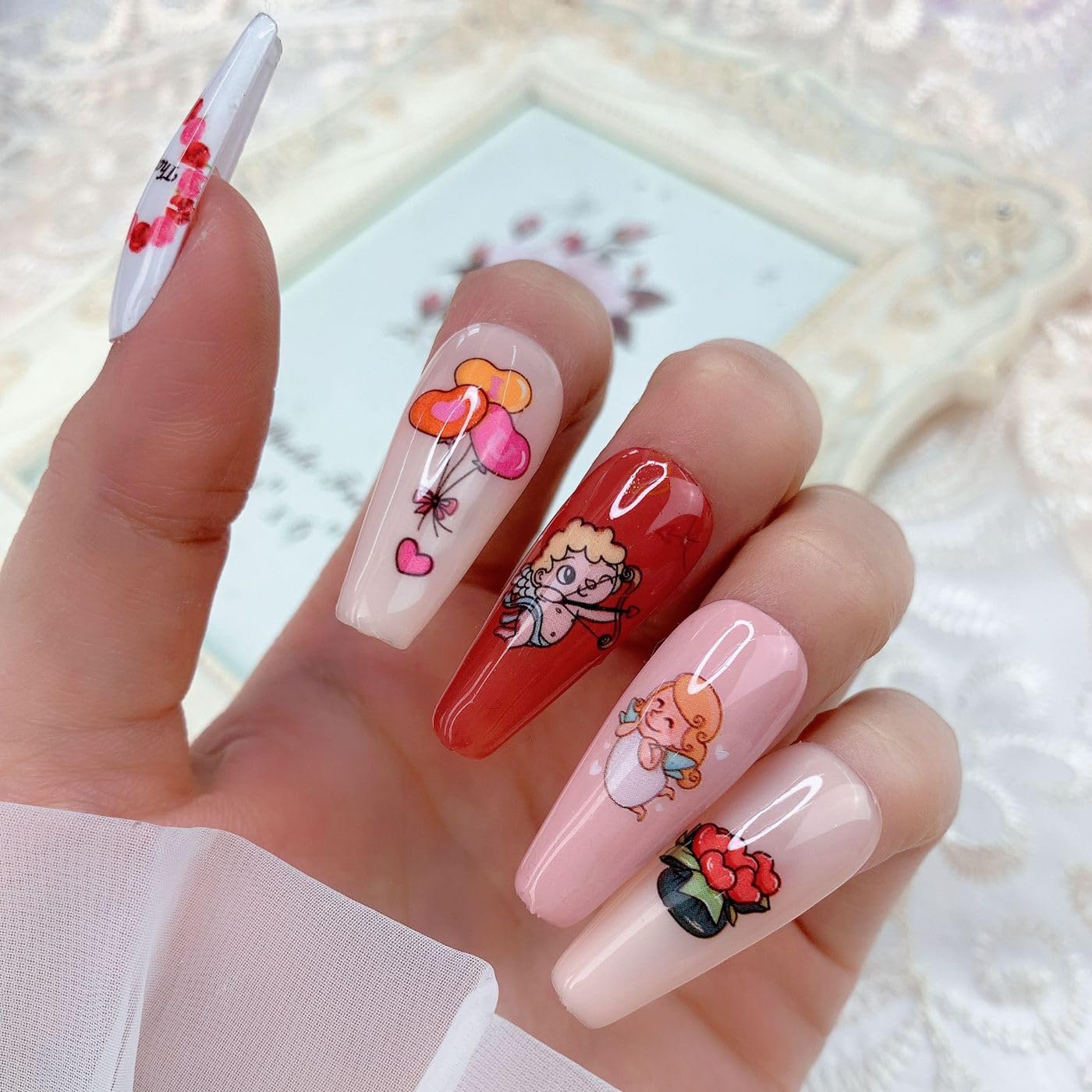 Valentine's Day Love Heart Nail Foil Transfer Stickers Nail Art Supplies Foil Transfers 10pcs Flowers Starry Sky Nail Decals Manicure Tips Wraps Nail Art for Women Fingernails and Toenails DIY Decor