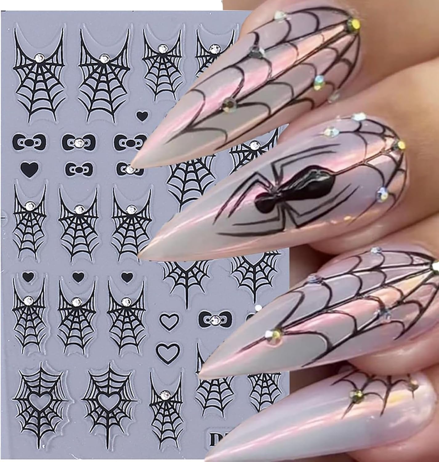 4PCS Halloween Nail Art Stickers Black Spider Web Spider Nail Decals with Rhinestone Crystal Spider Web Spider Nail Stickers Cute Bow Heart Halloween Nail Art Supplies for Women Manicure Decorations