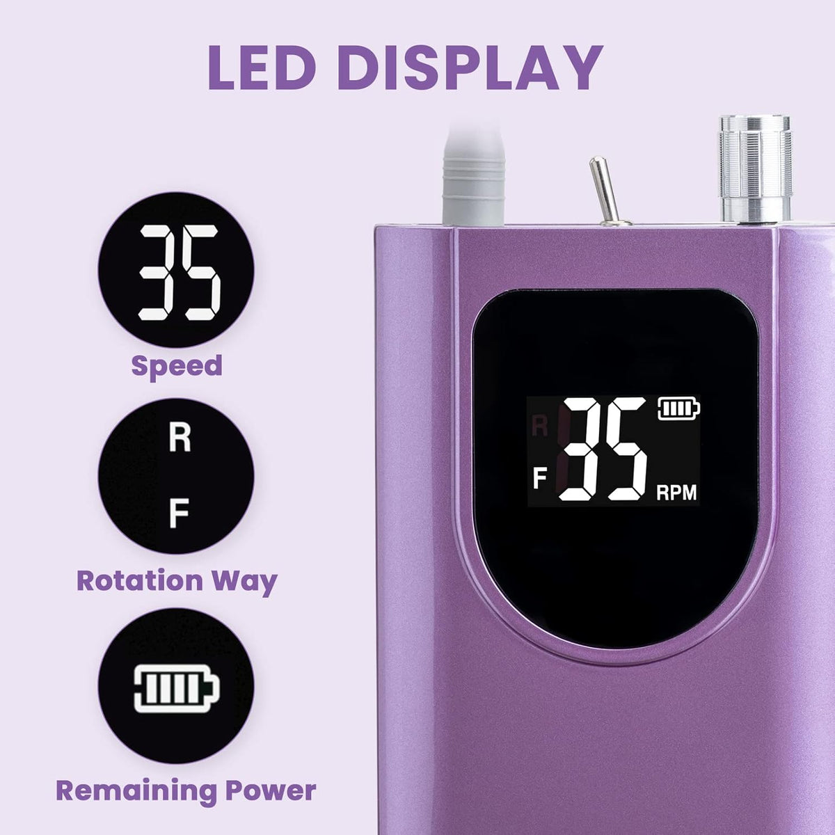 Delanie Professional Nail Drill High Torque 35000 RPM Rechargeable Portable Electric Nail File Filer for Acrylic Gel with Cuticle Bits, Salon Manicure Tool, Purple