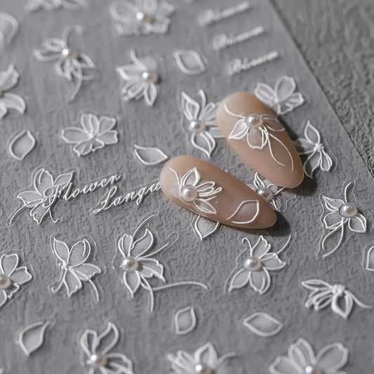 Flower Nails Stickers White Nail Decals with Pearl Design Glue on Nails Sticker Floral Nails Art Stickers 5D Embossed Self Adhesive for Women Girls Kid Manicure Charms Decoration